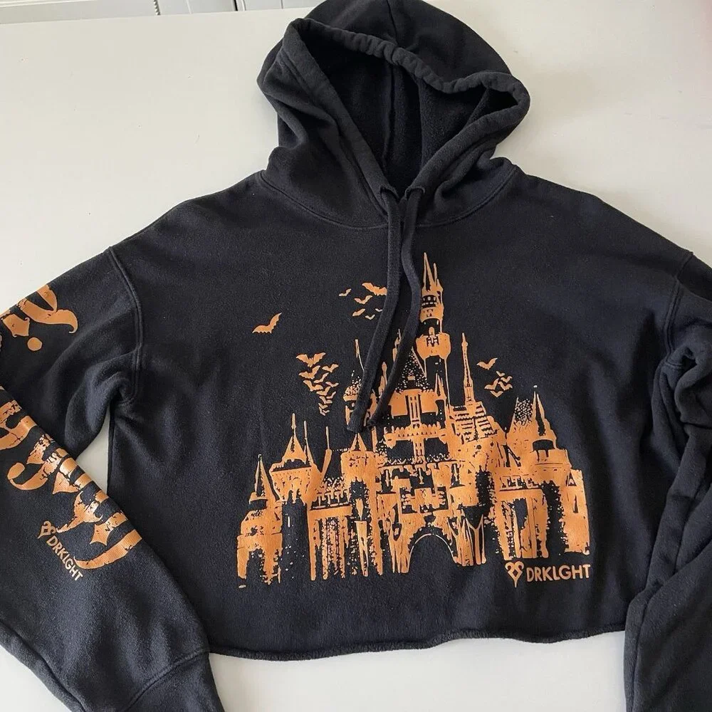 Disney Goth Cropped Boxy Hooded Sweatshirt Black With Orange Castle Halloween S - Picture 1 of 8